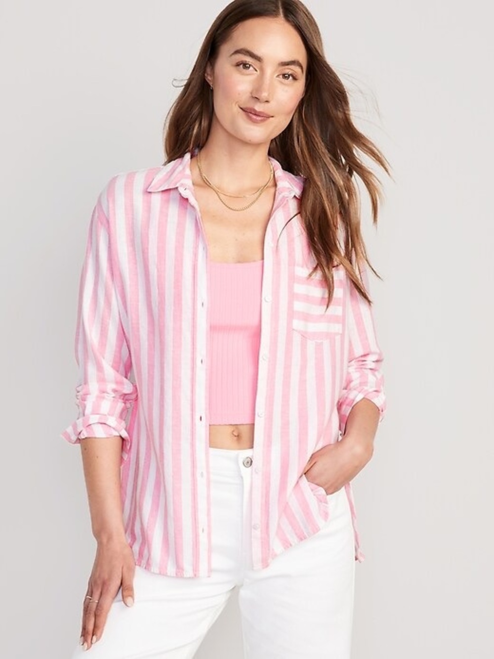 Old Navy Pink and White Vertical Stripe Button-Down Shirt